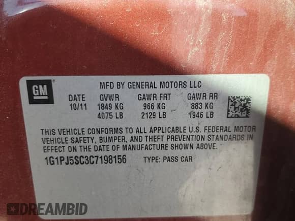 2012 Chevrolet Cruze ECO с VIN 1G1PJ5SC3C7198156, выставлен на аукционе Copart как лот 85909805 с пробегом 113 924 миль миль и Списание • Salvage title. История ставок и продаж доступна на DreamBid. Изображение 12.