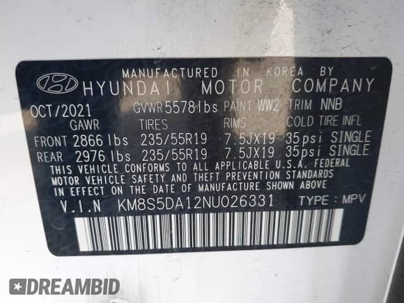 2022 Hyundai Santa Fe Limited with VIN KM8S5DA12NU026331, listed as a IAAI auction lot 43180016 with 27,529 mi miles and . Bid and sale history available at DreamBid. Image 9.