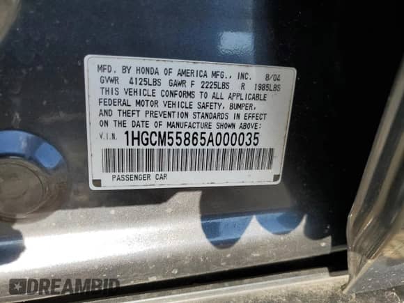 2005 Honda Accord EX-L with VIN 1HGCM55865A000035, listed as a Copart auction lot 83144224 with 162,956 mi miles and Salvage title. Bid and sale history available at DreamBid. Image 12.