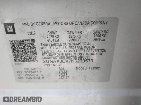 2019 Chevrolet Equinox LT z VIN 2GNAXJEV7K6230579, wystawiony jako IAAI lot #42834271 z przebiegiem 96 912 mil mil oraz . Historia ofert i sprzedaży dostępna na DreamBid. Obrazek 9.