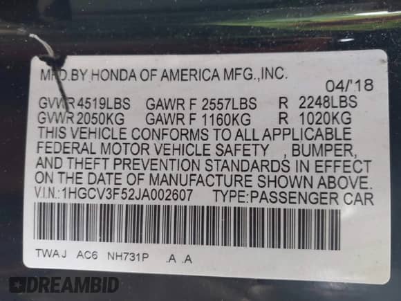 2018 Honda Accord EX-L with VIN 1HGCV3F52JA002607, listed as a IAAI auction lot 41821658 with 102,252 mi miles and . Bid and sale history available at DreamBid. Image 9.