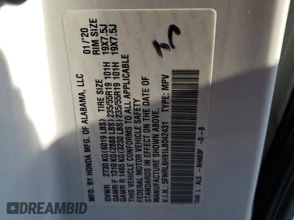 2020 Honda Odyssey Elite with VIN 5FNRL6H91LB042431, listed as a Copart auction lot 68725615 with 83,808 mi miles and Salvage title. Bid and sale history available at DreamBid. Image 13.