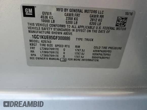 2016 Chevrolet Silverado 2500HD Work Truck z VIN 1GC1KUE85GF300886, wystawiony jako Copart lot #48476585 z przebiegiem 113 934 mil mil oraz Szkoda całkowita • Salvage title. Historia ofert i sprzedaży dostępna na DreamBid. Obrazek 13.