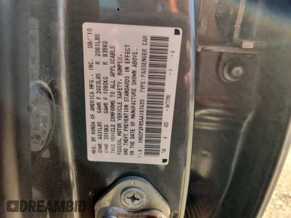 2010 Honda Accord EX-L with VIN 1HGCP2F85AA197455, listed as a Copart auction lot 82359845 with 302,296 mi miles and Salvage title. Bid and sale history available at DreamBid. Image 12.