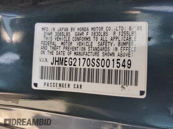 1995 Honda Civic z VIN JHMEG2170SS001549, wystawiony jako Copart lot #61494865 z przebiegiem 192 165 mil mil oraz Szkoda całkowita • Salvage title. Historia ofert i sprzedaży dostępna na DreamBid. Obrazek 12.