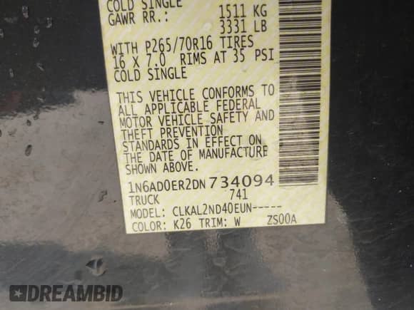 2013 Nissan Frontier SL with VIN 1N6AD0ER2DN734094, listed as a IAAI auction lot 42767271 with 90,727 mi miles and . Bid and sale history available at DreamBid. Image 9.
