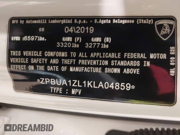 2019 Lamborghini Urus with VIN ZPBUA1ZL1KLA04859, listed as a IAAI auction lot 41455275 with 13,380 mi miles and . Bid and sale history available at DreamBid. Image 17.