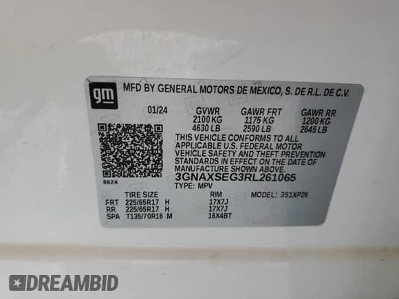 2024 Chevrolet Equinox LS с VIN 3GNAXSEG3RL261065, выставлен на аукционе Copart как лот 80000785 с пробегом 65 264 миль миль и Списание • Salvage title. История ставок и продаж доступна на DreamBid. Изображение 13.