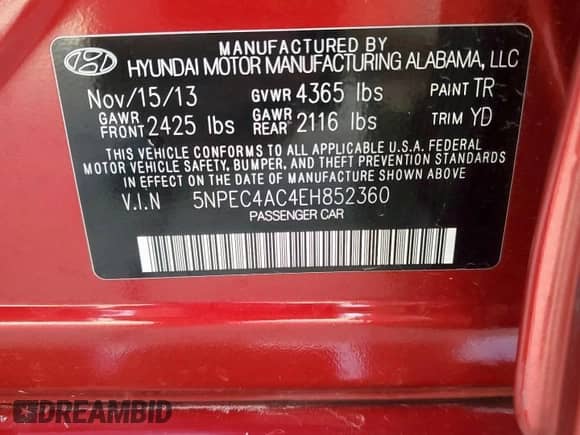 2014 Hyundai Sonata Limited with VIN 5NPEC4AC4EH852360, listed as a Copart auction lot 65350745 with 154,926 mi miles and Clean title. Bid and sale history available at DreamBid. Image 13.