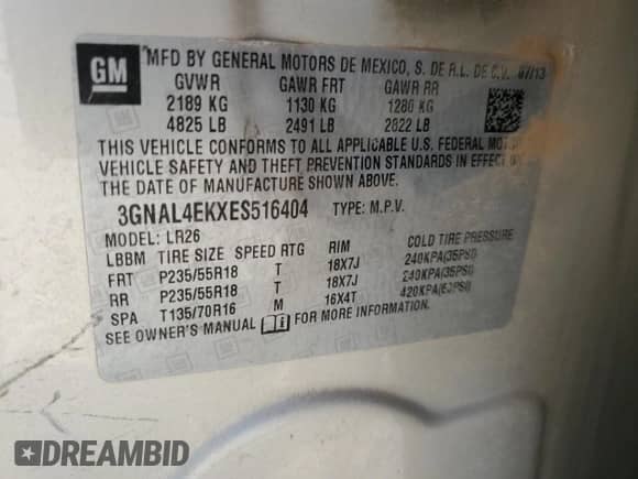 2014 Chevrolet Captiva Sport LTZ с VIN 3GNAL4EKXES516404, выставлен на аукционе Copart как лот 72170104 с пробегом Не указан миль и Списание • Salvage title. История ставок и продаж доступна на DreamBid. Изображение 16.