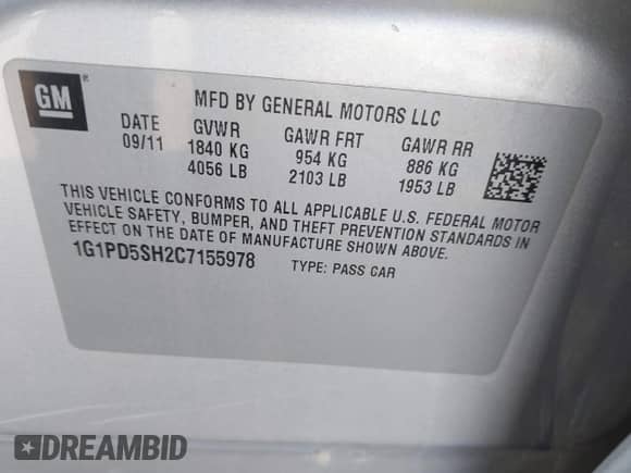 2012 Chevrolet Cruze LS with VIN 1G1PD5SH2C7155978, listed as a IAAI auction lot 43494006 with 141,977 mi miles and . Bid and sale history available at DreamBid. Image 9.