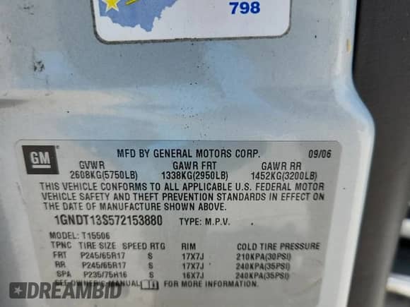 2007 Chevrolet TrailBlazer LT z VIN 1GNDT13S572153880, wystawiony jako Copart lot #66398135 z przebiegiem Nie podano mil oraz Czysty tytuł • Clean title. Historia ofert i sprzedaży dostępna na DreamBid. Obrazek 13.