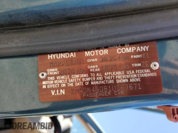 2001 Hyundai Elantra GLS with VIN KMHDN45D81U167671, listed as a Copart auction lot 67322655 with 181,894 mi miles and Salvage title. Bid and sale history available at DreamBid. Image 13.