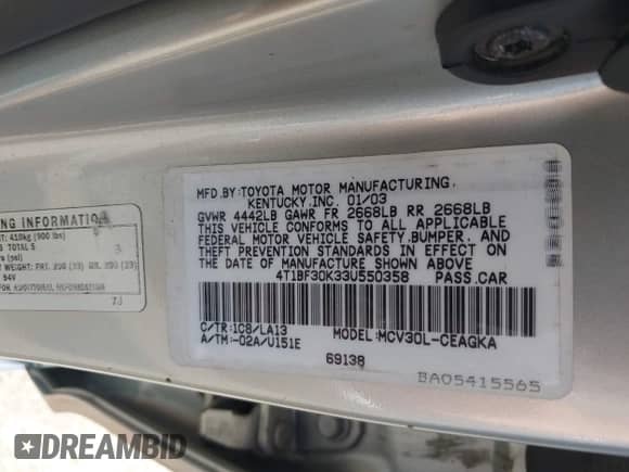 2003 Toyota Camry LE с VIN 4T1BF30K33U550358, выставлен на аукционе IAAI как лот 43047380 с пробегом 139 720 миль миль и . История ставок и продаж доступна на DreamBid. Изображение 9.