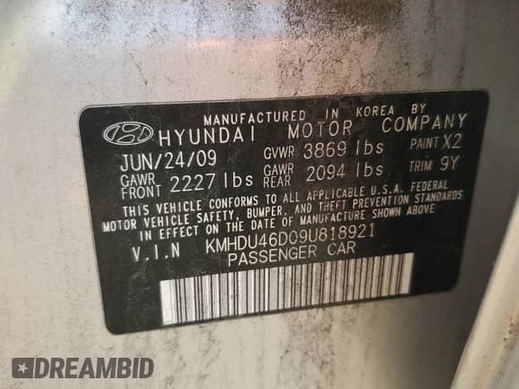 2009 Hyundai Elantra GLS с VIN KMHDU46D09U818921, выставлен на аукционе Copart как лот 80480405 с пробегом 304 959 миль миль и Чистый • Clean title. История ставок и продаж доступна на DreamBid. Изображение 12.