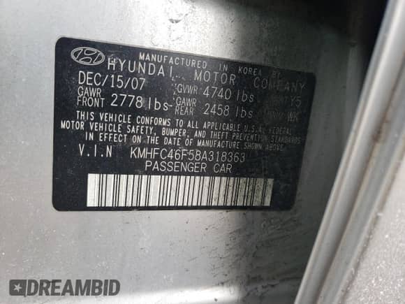 2008 Hyundai Azera Limited с VIN KMHFC46F58A318363, выставлен на аукционе Copart как лот 88803485 с пробегом 109 099 миль миль и Списание • Salvage title. История ставок и продаж доступна на DreamBid. Изображение 12.