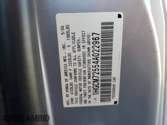 2004 Honda Accord EX with VIN 1HGCM72554A022967, listed as a Copart auction lot 70069295 with 222,134 mi miles and Salvage title. Bid and sale history available at DreamBid. Image 12.