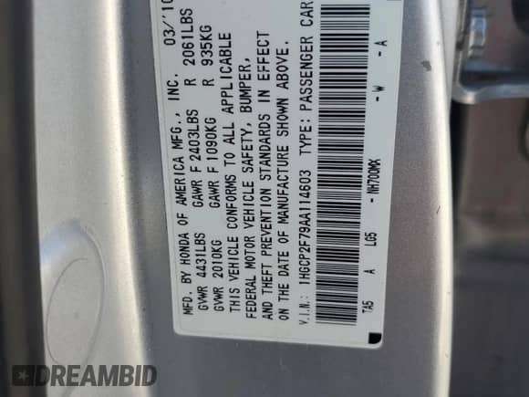 2010 Honda Accord EX with VIN 1HGCP2F79AA114603, listed as a Copart auction lot 82282215 with 132,796 mi miles and Salvage title. Bid and sale history available at DreamBid. Image 13.