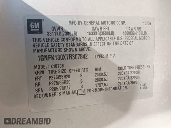 2007 Chevrolet Tahoe LTZ with VIN 1GNFK130X7R307842, listed as a IAAI auction lot 42961224 with 180,754 mi miles and . Bid and sale history available at DreamBid. Image 9.