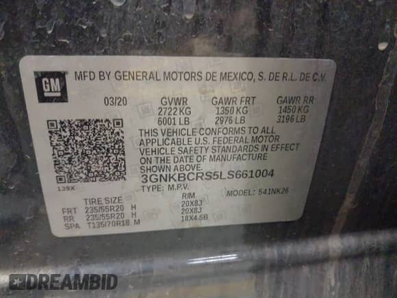 2020 Chevrolet Blazer LT with VIN 3GNKBCRS5LS661004, listed as a IAAI auction lot 42747884 with 110,515 mi miles and . Bid and sale history available at DreamBid. Image 9.