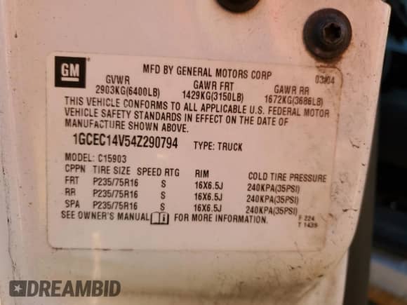 2004 Chevrolet Silverado 1500 Work Truck with VIN 1GCEC14V54Z290794, listed as a Copart auction lot 84718114 with 194,326 mi miles and Salvage title. Bid and sale history available at DreamBid. Image 14.