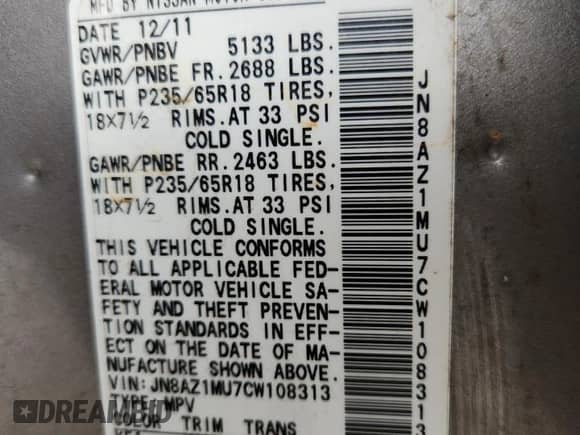 2012 Nissan Murano SL с VIN JN8AZ1MU7CW108313, выставлен на аукционе Copart как лот 84971985 с пробегом 187 478 миль миль и Списание • Salvage title. История ставок и продаж доступна на DreamBid. Изображение 13.