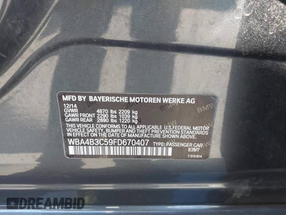 2015 BMW 4 Series 435i xDrive with VIN WBA4B3C59FD670407, listed as a IAAI auction lot 42863769 with Not provided miles and . Bid and sale history available at DreamBid. Image 9.