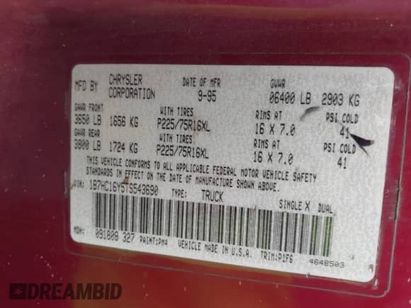 1996 Dodge 1500 с VIN 1B7HC16Y5TS543690, выставлен на аукционе IAAI как лот 43226169 с пробегом 367 892 миль миль и . История ставок и продаж доступна на DreamBid. Изображение 9.