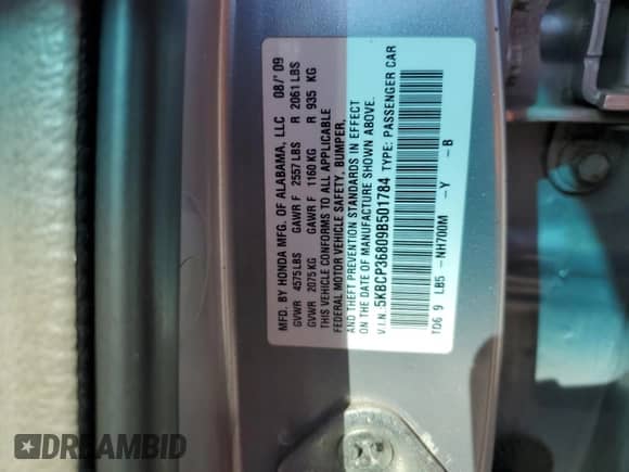 2009 Honda Accord EX-L with VIN 5KBCP36809B501784, listed as a Copart auction lot 82787015 with 207,473 mi miles and Clean title. Bid and sale history available at DreamBid. Image 12.