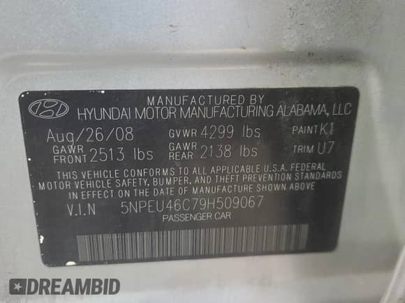 2009 Hyundai Sonata Limited with VIN 5NPEU46C79H509067, listed as a Copart auction lot 84931055 with Not provided miles and Salvage title. Bid and sale history available at DreamBid. Image 12.