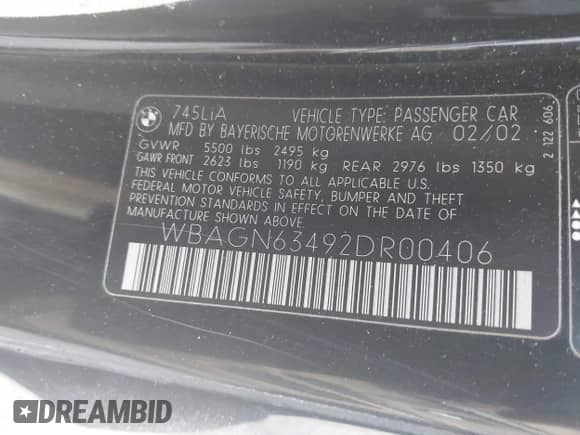 2002 BMW 7 Series 745Li с VIN WBAGN63492DR00406, выставлен на аукционе IAAI как лот 42168104 с пробегом 141 216 миль миль и . История ставок и продаж доступна на DreamBid. Изображение 9.