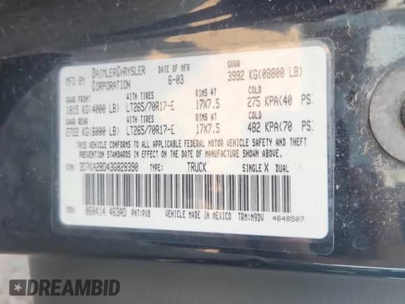 2003 Dodge 2500 ST with VIN 3D7KA28D43G828390, listed as a Copart auction lot 64931885 with 136,863 mi miles and Clean title. Bid and sale history available at DreamBid. Image 12.