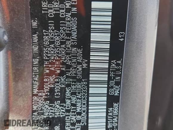 2012 Toyota Sienna with VIN 5TDZK3DCXCS233781, listed as a Copart auction lot 82167325 with 183,332 mi miles and Salvage title. Bid and sale history available at DreamBid. Image 13.