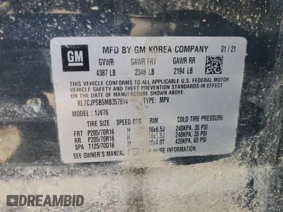 2021 Chevrolet Trax LT с VIN KL7CJPSB5MB357814, выставлен на аукционе Copart как лот 60506115 с пробегом 91 416 миль миль и На запчасти • Non repairable. История ставок и продаж доступна на DreamBid. Изображение 14.