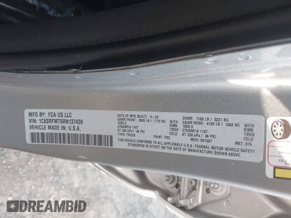 2024 Ram 1500 Big Horn with VIN 1C6SRFMT6RN137439, listed as a IAAI auction lot 42601117 with 9,359 mi miles and . Bid and sale history available at DreamBid. Image 9.