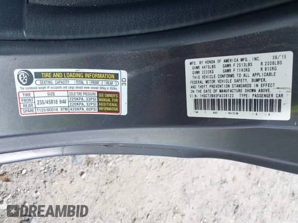 2015 Honda Accord EX-L z VIN 1HGCT2B85FA009123, wystawiony jako IAAI lot #42740494 z przebiegiem 213 485 mil mil oraz . Historia ofert i sprzedaży dostępna na DreamBid. Obrazek 9.