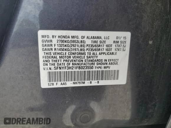 2015 Honda Pilot LX с VIN 5FNYF3H21FB023550, выставлен на аукционе Copart как лот 69680415 с пробегом 67 855 миль миль и Списание • Salvage title. История ставок и продаж доступна на DreamBid. Изображение 14.