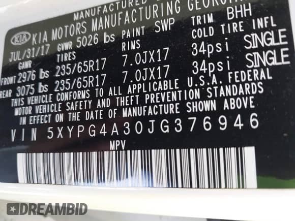 2018 Kia Sorento LX with VIN 5XYPG4A30JG376946, listed as a IAAI auction lot 42441953 with 42,807 mi miles and . Bid and sale history available at DreamBid. Image 9.