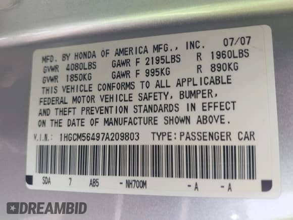 2007 Honda Accord LX с VIN 1HGCM56497A209803, выставлен на аукционе IAAI как лот 43004885 с пробегом 92 920 миль миль и . История ставок и продаж доступна на DreamBid. Изображение 9.