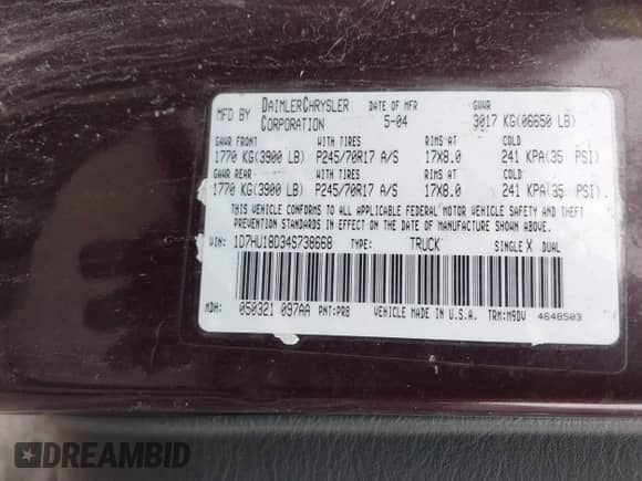 2004 Dodge 1500 SLT z VIN 1D7HU18D34S738668, wystawiony jako IAAI lot #43552508 z przebiegiem Nie podano mil oraz . Historia ofert i sprzedaży dostępna na DreamBid. Obrazek 9.