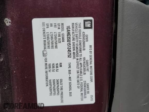 2005 Chevrolet Express Passenger с VIN 1GAHG35U151245752, выставлен на аукционе Copart как лот 66358765 с пробегом Не указан миль и Списание • Salvage title. История ставок и продаж доступна на DreamBid. Изображение 12.