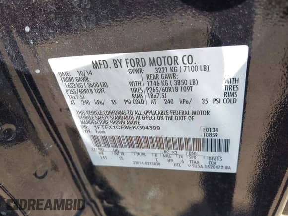 2014 Ford F-150 XL with VIN 1FTFX1CF8EKG04399, listed as a IAAI auction lot 42228220 with 101,585 mi miles and . Bid and sale history available at DreamBid. Image 9.