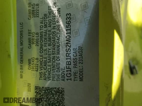 2021 Chevrolet Camaro 1LT z VIN 1G1FB1RS2M0115633, wystawiony jako Copart lot #82183495 z przebiegiem Nie podano mil oraz Szkoda całkowita • Salvage title. Historia ofert i sprzedaży dostępna na DreamBid. Obrazek 12.