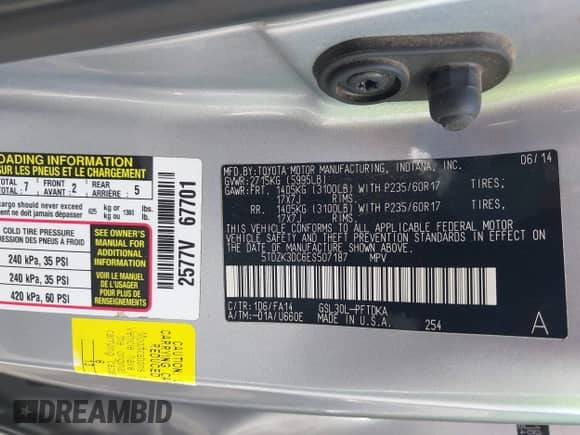 2014 Toyota Sienna L with VIN 5TDZK3DC6ES507187, listed as a IAAI auction lot 42544349 with 147,124 mi miles and . Bid and sale history available at DreamBid. Image 9.