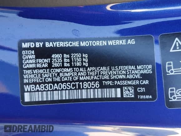 2025 BMW 4 Series M440i xDrive с VIN WBA83DA06SCT18056, выставлен на аукционе Copart как лот 85298565 с пробегом Не указан миль и Списание • Salvage title. История ставок и продаж доступна на DreamBid. Изображение 12.