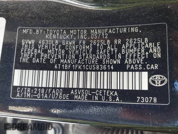 2012 Toyota Camry L с VIN 4T1BF1FK1CU583614, выставлен на аукционе IAAI как лот 42972679 с пробегом 187 673 миль миль и . История ставок и продаж доступна на DreamBid. Изображение 9.