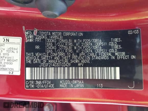 2003 Toyota Highlander Limited с VIN JTEGF21A030102429, выставлен на аукционе IAAI как лот 43472246 с пробегом 181 804 миль миль и . История ставок и продаж доступна на DreamBid. Изображение 9.