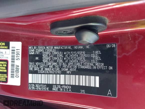 2008 Toyota Sienna LE с VIN 5TDZK23C78S213183, выставлен на аукционе IAAI как лот 43179661 с пробегом 202 851 миль миль и . История ставок и продаж доступна на DreamBid. Изображение 9.