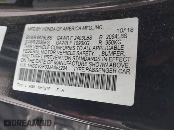 2018 Honda Accord Sport with VIN 1HGCV2F33JA053204, listed as a IAAI auction lot 42946660 with 169,898 mi miles and . Bid and sale history available at DreamBid. Image 9.