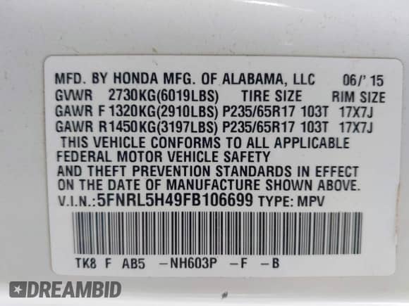 2015 Honda Odyssey EX с VIN 5FNRL5H49FB106699, выставлен на аукционе IAAI как лот 42581882 с пробегом 187 069 миль миль и . История ставок и продаж доступна на DreamBid. Изображение 9.